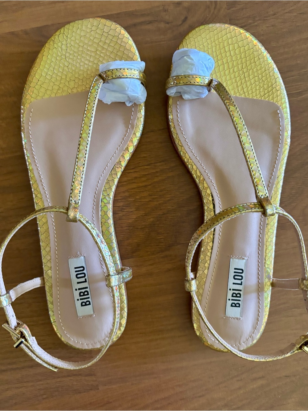 Anthropologie Bibi Lou Women's Gold Metallic T-Strap Sandals